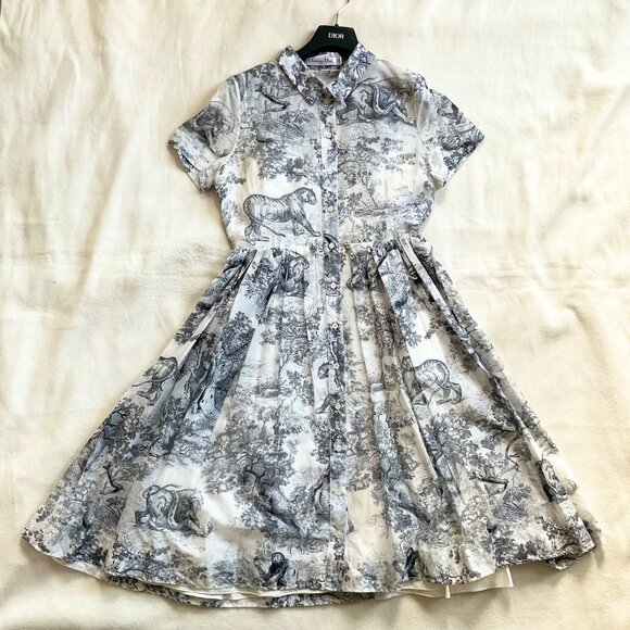 Christian Dior Shirt midi Dress White Navy Blue Toile de Jouy Voile SZ38bust35.6 - Picture 2 of 11
